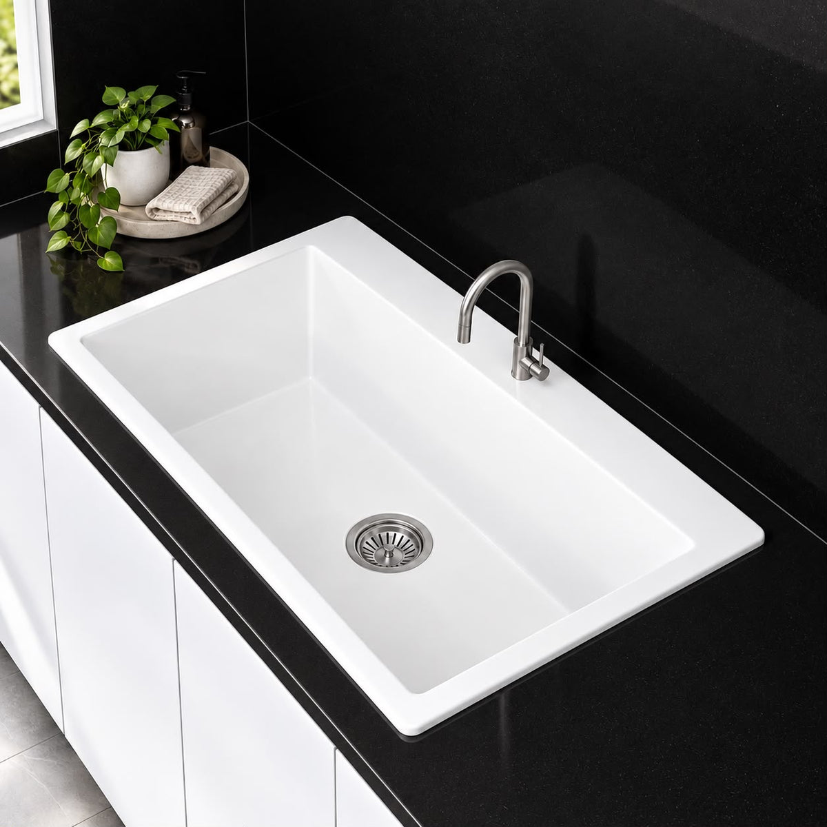 780mm Single Bowl White Granite Sink - 780 x 510 x 210mm