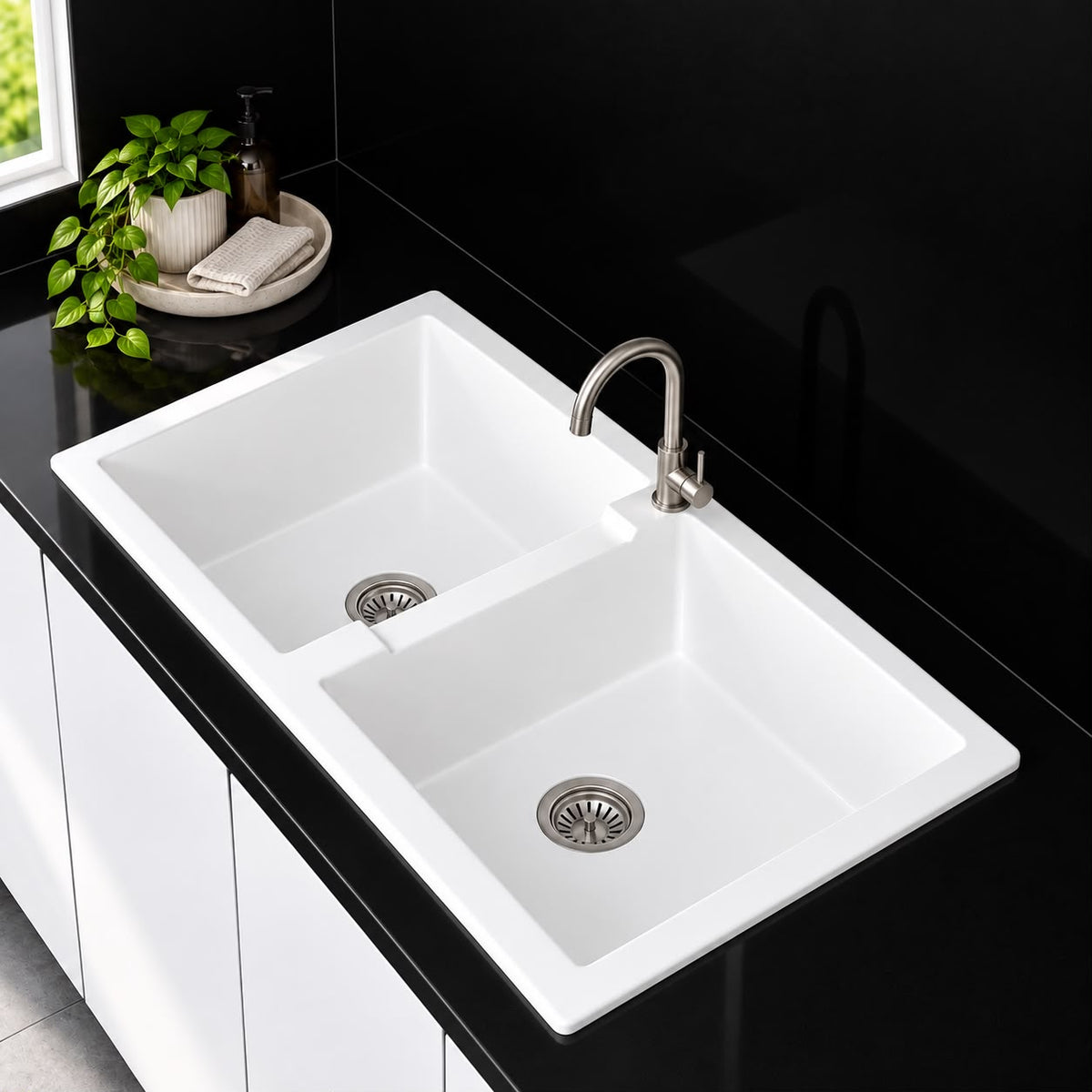 1140mm Single Bowl White Granite Sink - 1140 x 500 x 224mm