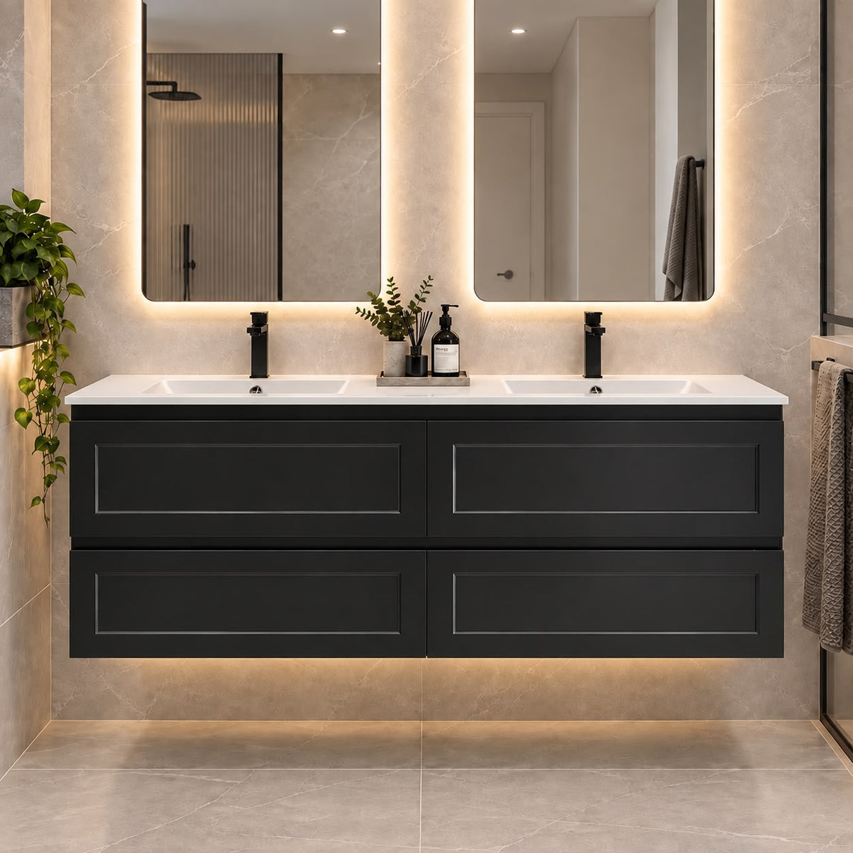 Fremantle 1500mm All Draw Wall Hung Vanity Matte Black Double Bowl- 1500x475x545