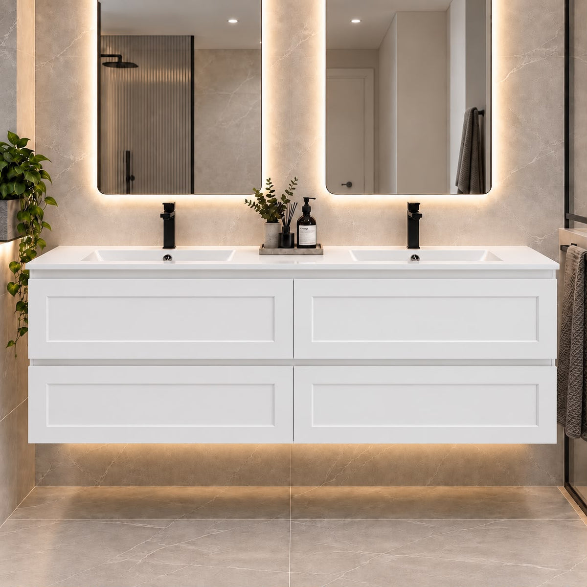 Fremantle 1500mm All Draw Wall Hung Vanity Matte White Double Bowl - 1500x475x545