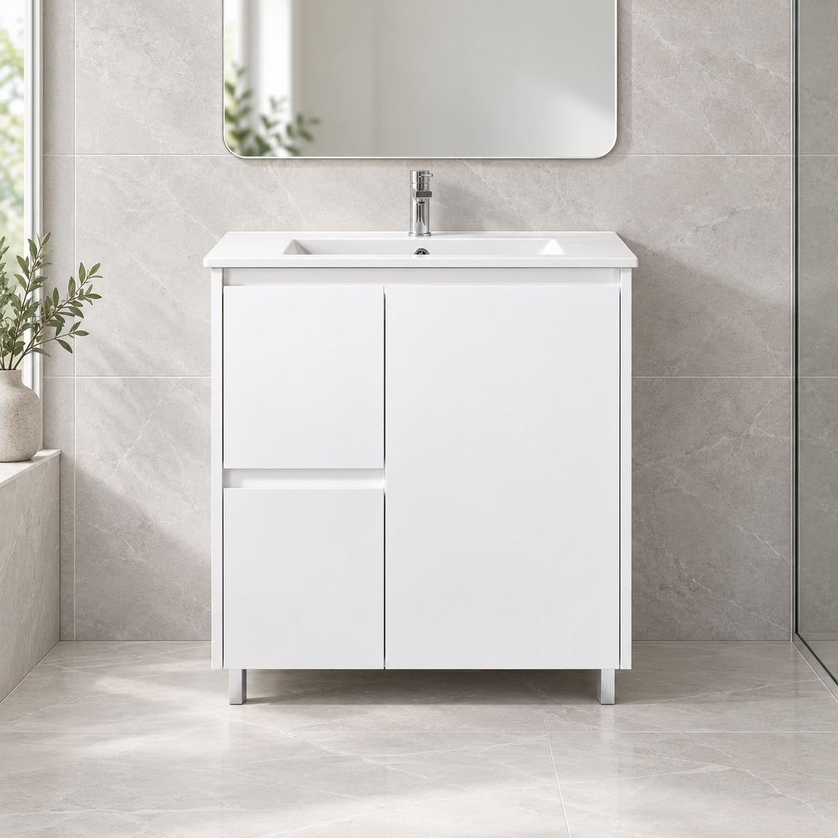 Paula 750mm MDF Polyurethane Slim Vanity Left Hand Draws on Legs 1th - 750x360x875mm