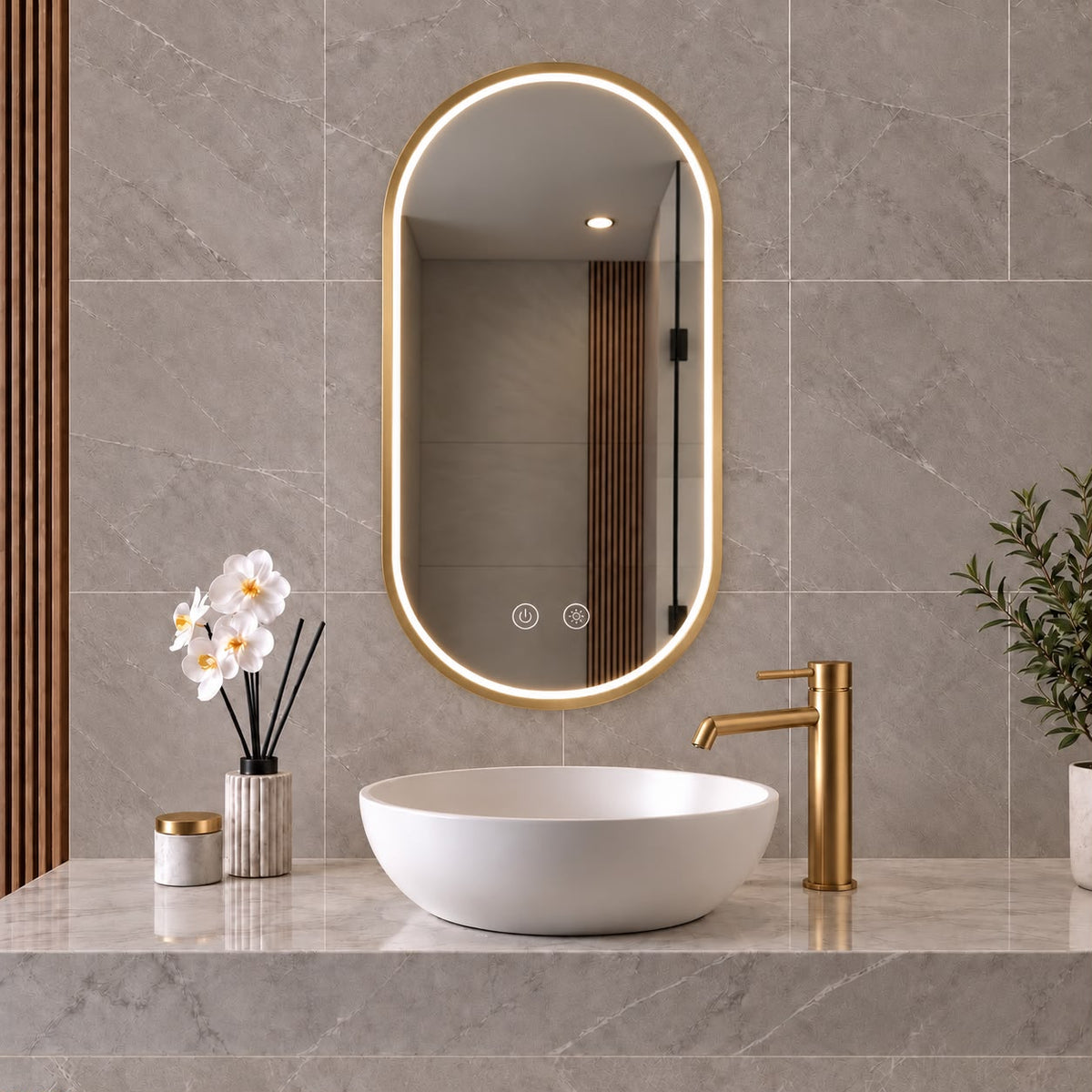LED Pill Shaped Gold Framed Mirror - 900 x 600mm