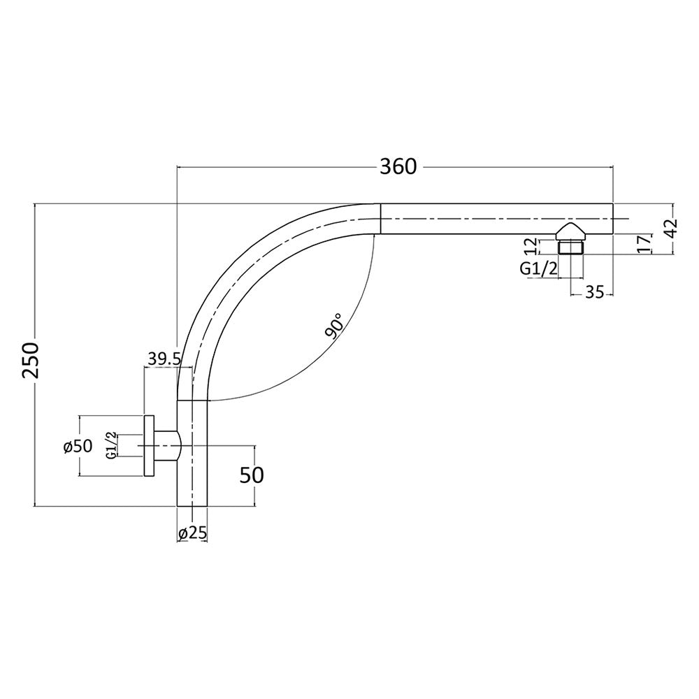 Round Shower Arm Horizontal 400mm - 38x480x180mm – alternate view