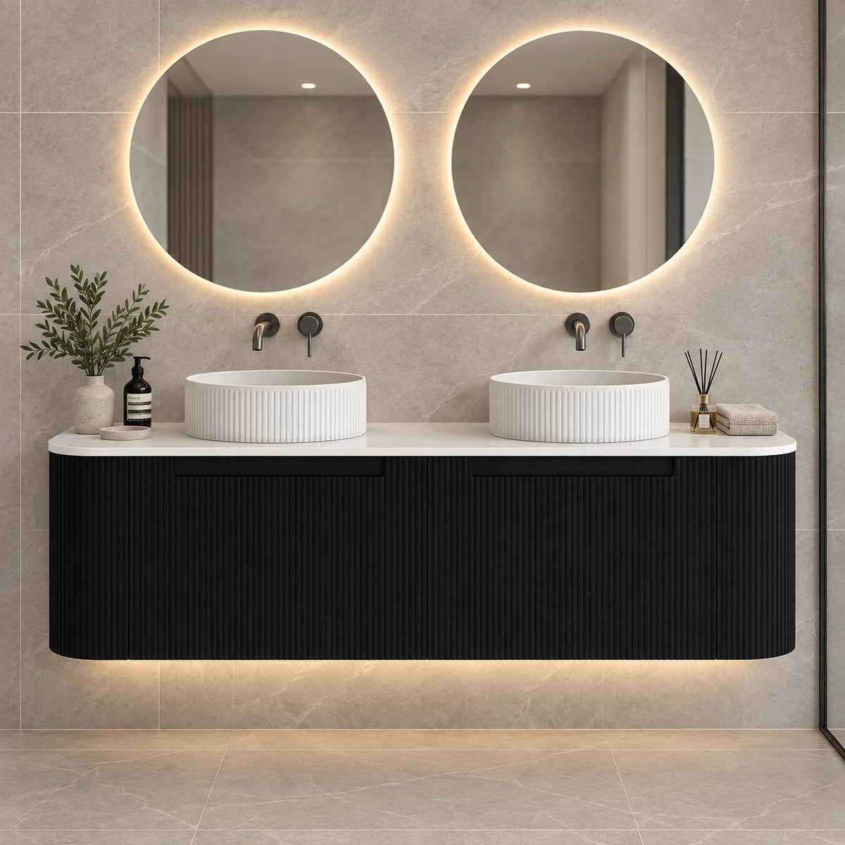 Jackson 1500mm Matte Black Fluted Wall Hung Vanity Draw Only Double Bowl - 1500x460x420mm