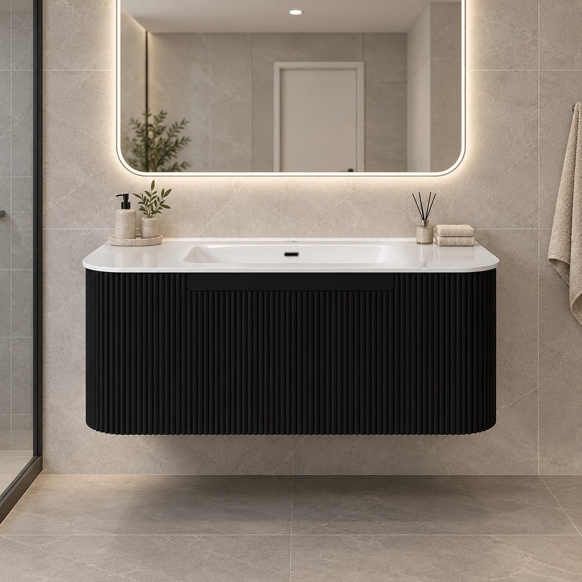 Jackson 900mm Matte Black Fluted Wall Hung Vanity Draw Only - 900x460x420mm