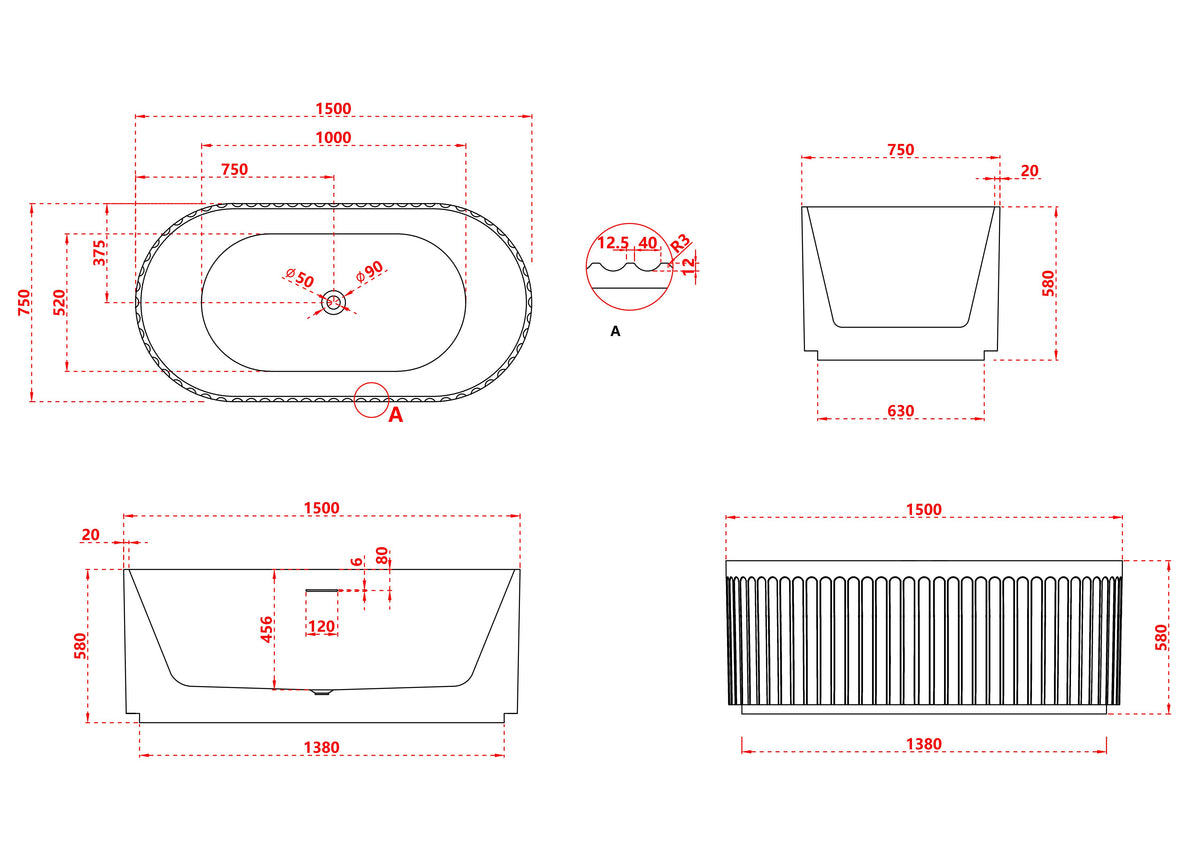 Artemus Fluted Matte White Freestanding Bath - 1500mm