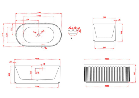 Artemus Fluted Matte White Freestanding Bath - 1500mm