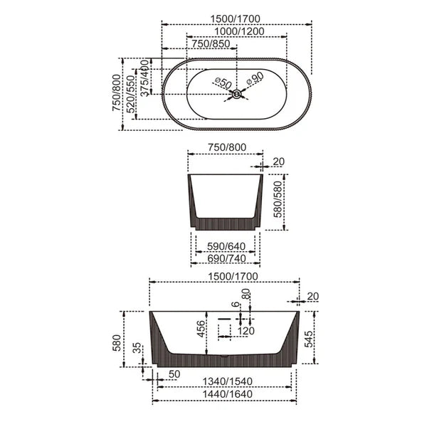 Avalon V-Groove Fluted Round Matte Black Freestanding Bath - 1500mm – view 4