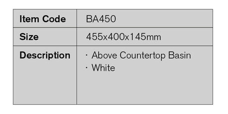 BA450 – 455x400x145mm Above Countertop Basin – detail view