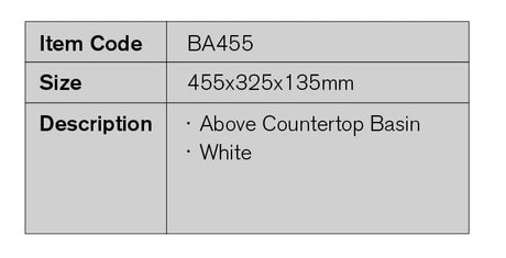 BA455 – 455x325x135mm Above Countertop Basin – detail view