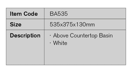 BA535 – 535x375x130mm Above Countertop Basin – detail view