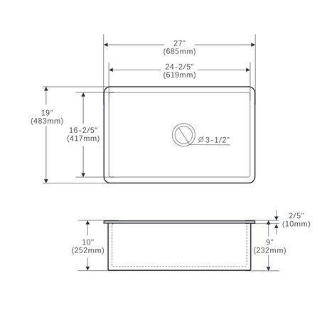 685X483X254mm Undermount Fireclay Butler Single Bowl Kitchen Sink – detail view