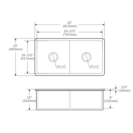 813x483x254mm Undermount Fireclay Butler Double Bowl Kitchen Sink – alternate view