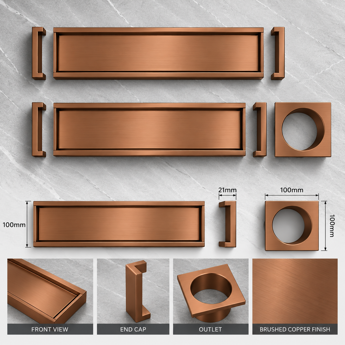 Aluminium Tile Insert Shower Drain - Brushed Copper