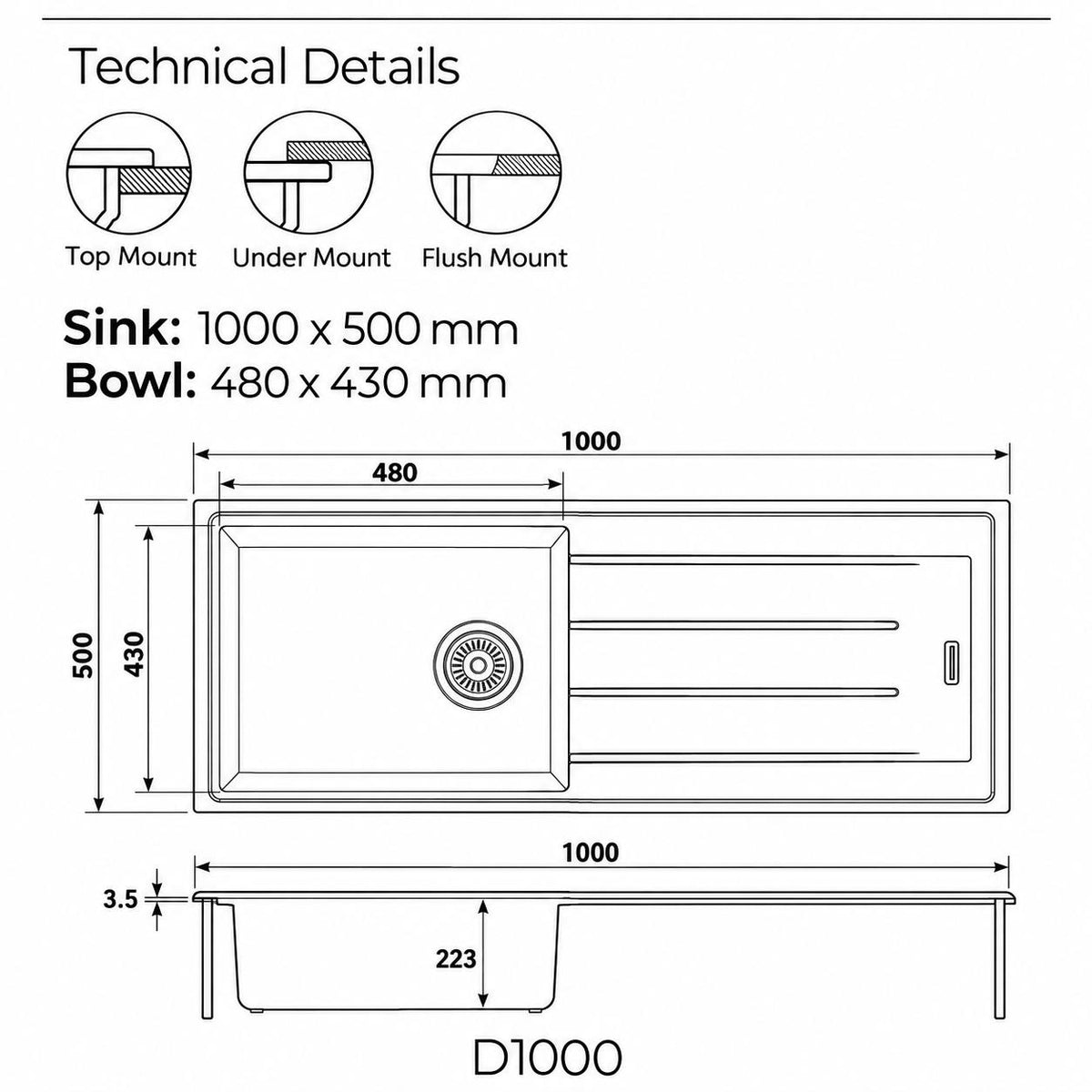 1000mm Single Bowl White Granite Sink - 1000 x 500 x 223mm