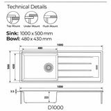 1000mm Single Bowl White Granite Sink - 1000 x 500 x 223mm