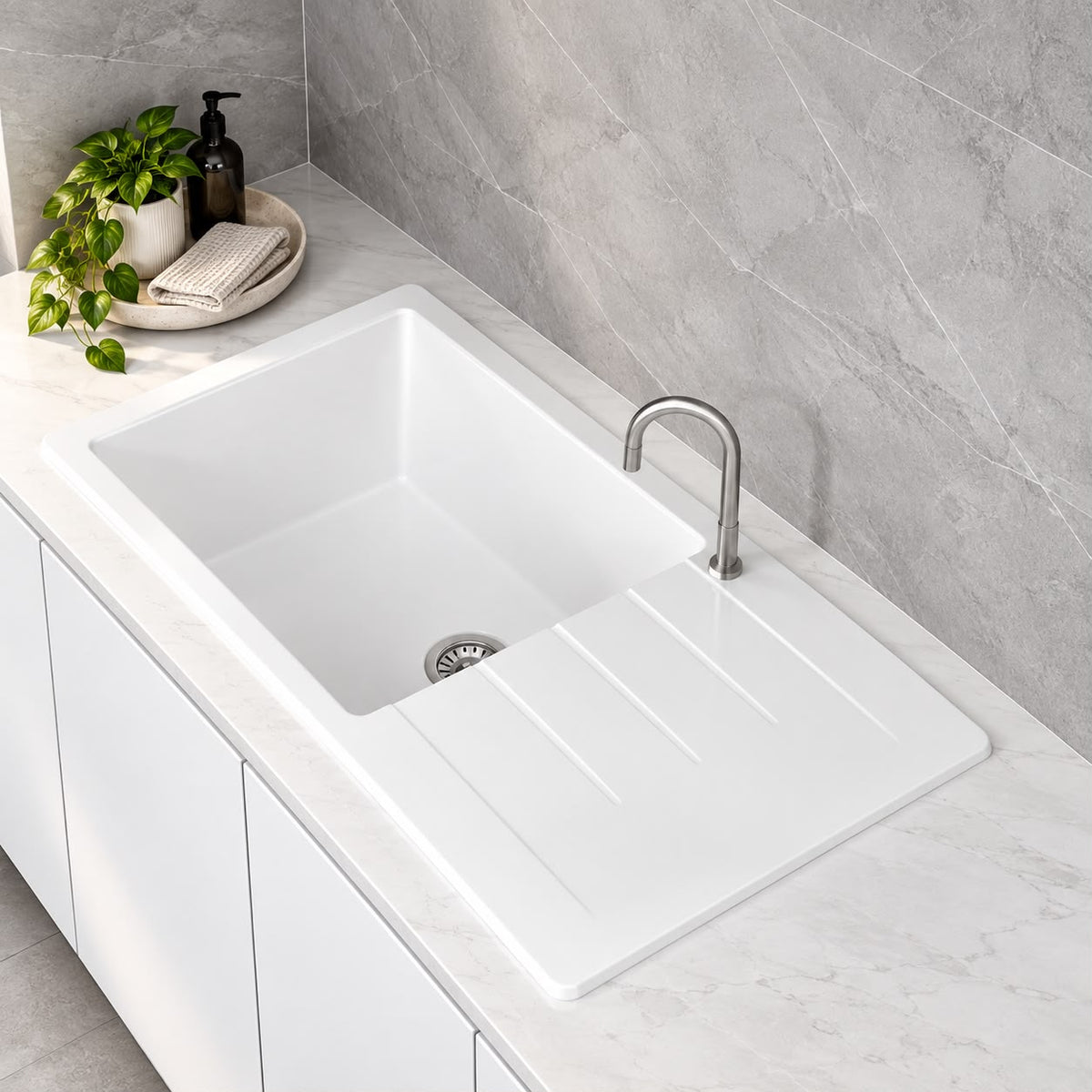 1000mm Single Bowl White Granite Sink - 1000 x 500 x 223mm
