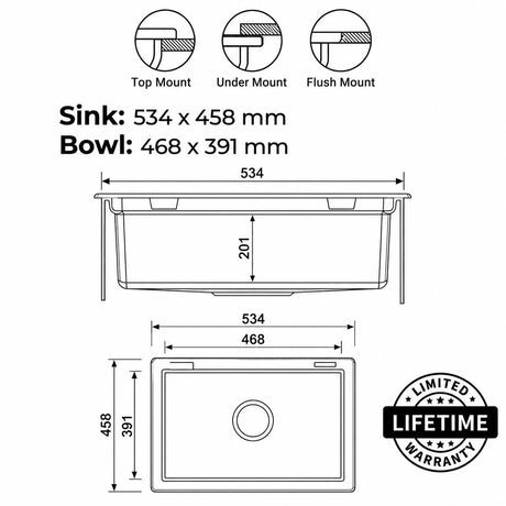 534mm Single Bowl Black Granite Sink - 534 x 458 x 201mm