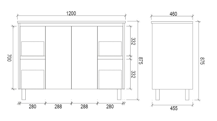 DM1200 - 1200x460x875mm Veneer Vanity with Ceramic Basin – alternate view
