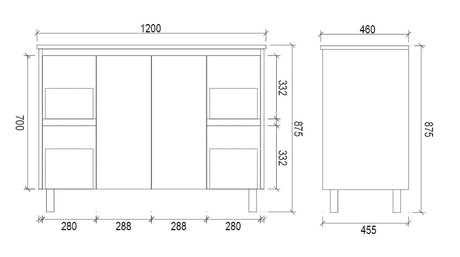 DM1200 - 1200x460x875mm Veneer Vanity with Ceramic Basin – alternate view