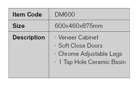 DM600 - 600x460x875mm Veneer Vanity with Ceramic Basin – detail view