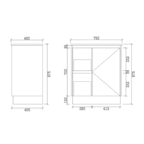 DM750L-KB - 750x460x880mm Dark Oak MDF Kickboard Vanity with Ceramic Basin – alternate view