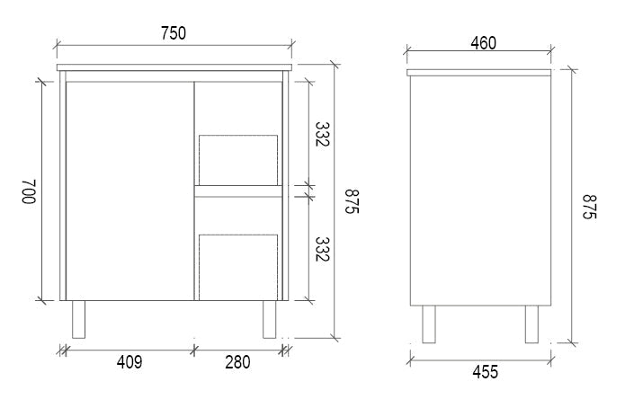 DM750R - 750x460x875mm Veneer Vanity with Ceramic Basin – alternate view