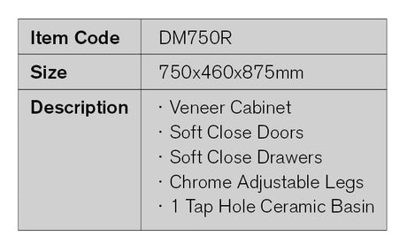 DM750R - 750x460x875mm Veneer Vanity with Ceramic Basin – detail view