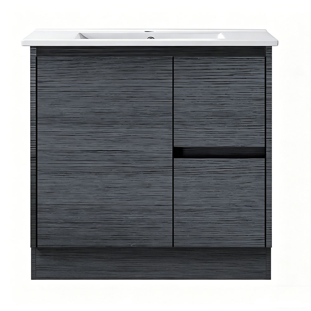 DM750R-KB - 750x460x880mm Dark Oak MDF Kickboard Vanity with Ceramic Basin