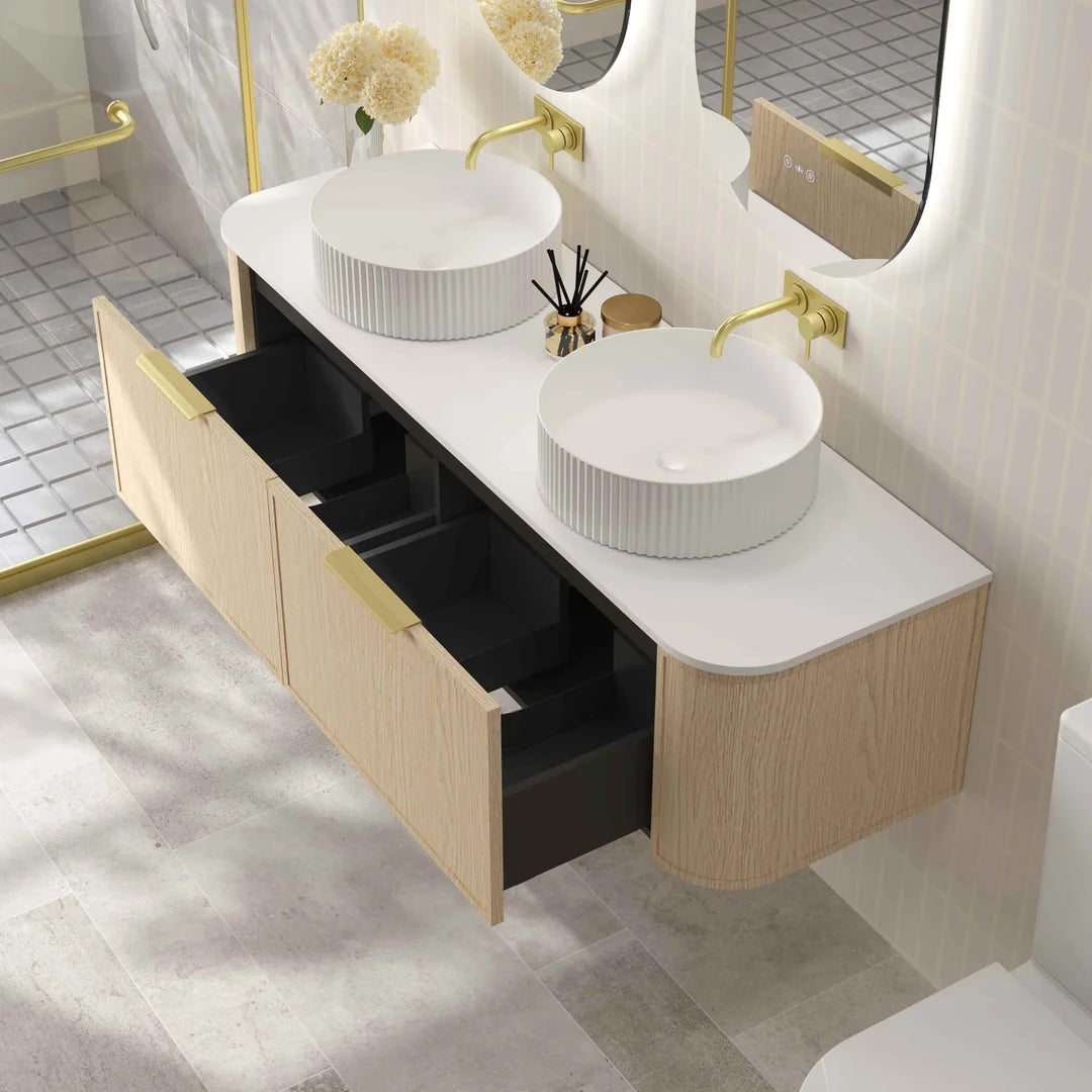 Elva 1500mm Natural Oak Wall Hung Vanity Double Bowl - 1500x455x390