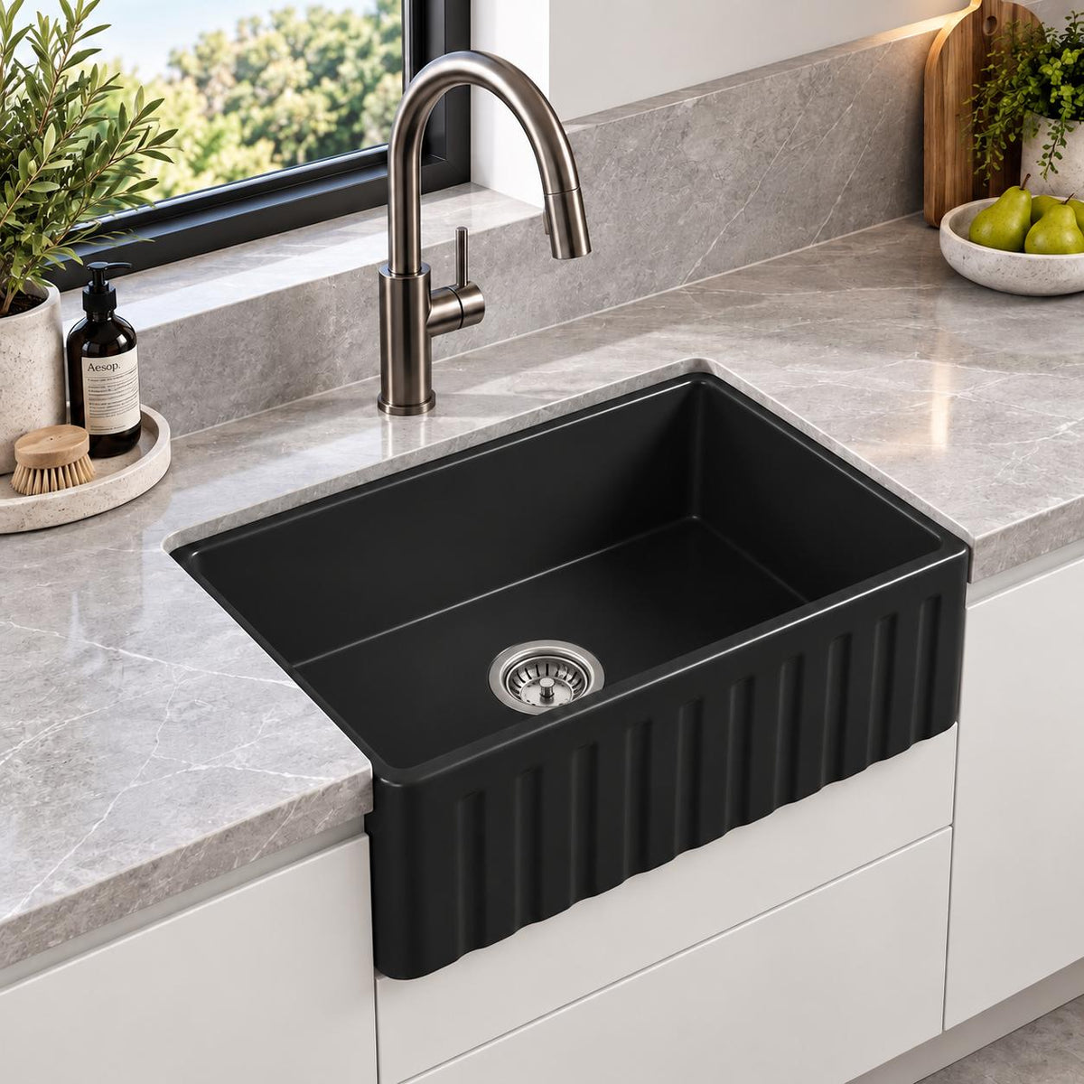 Fireclay Butler Sink Single Bowl Farmhouse Matte Black - 610x508x254mm