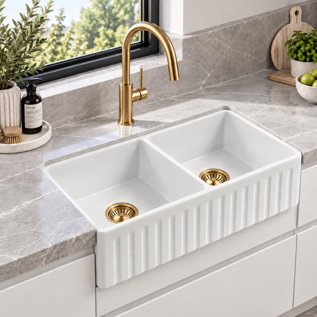 Fireclay Butler Sink Double Bowl Farmhouse - 835x508x254mm