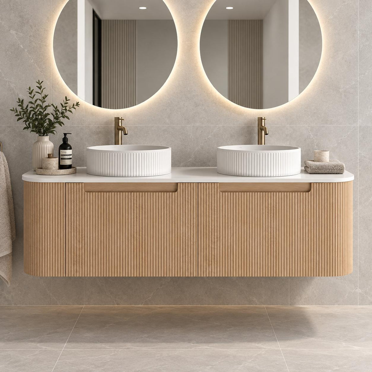 Jackson 1500mm Natural Oak Fluted Wall Hung Vanity Draw Only Double Bowl - 1500x460x420mm