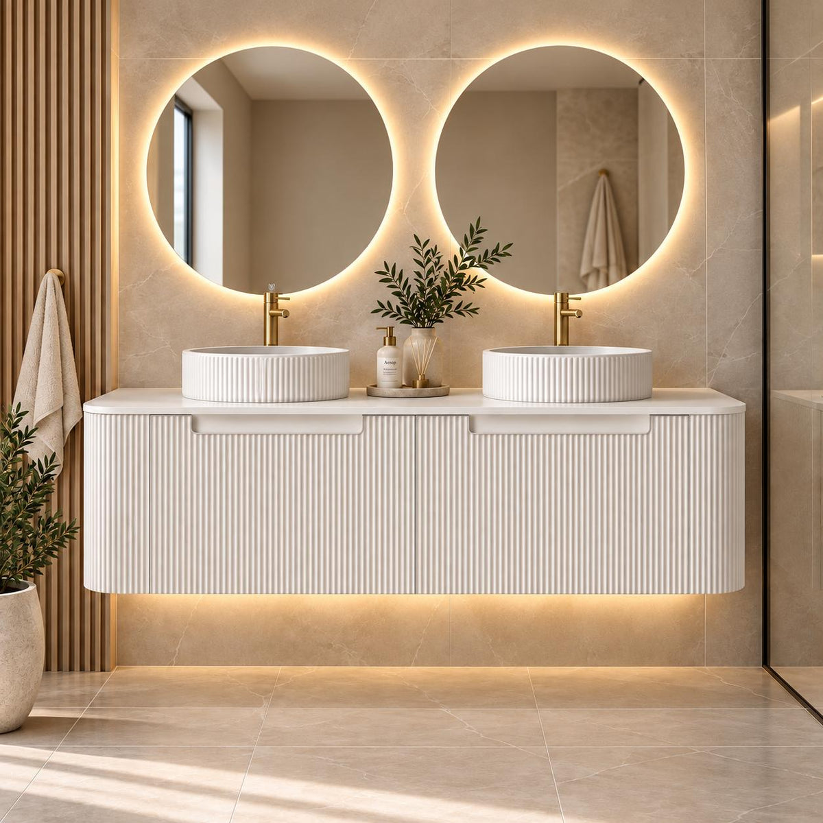 Jackson 1500mm Matte White Fluted Wall Hung Vanity Draw Only Double Bowl - 1500x460x420mm