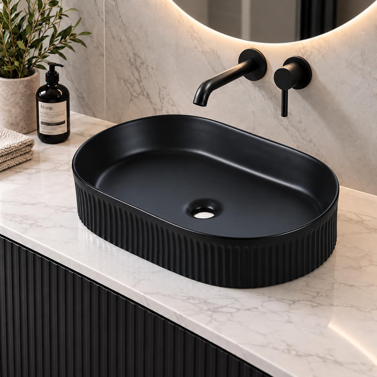 580mm Oval Matte Black Above Counter Basin - 580x360x115mm