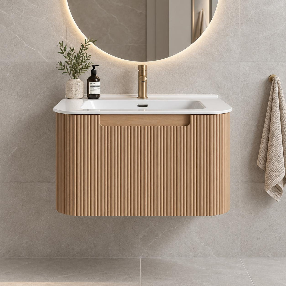 Jackson 600mm Natural Oak Fluted Wall Hung Vanity Draw Only - 600x460x420mm