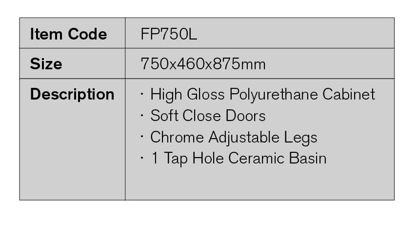 FP750L - 750x460x875mm High Gloss Polyurethane Vanity with Ceramic Basin – detail view