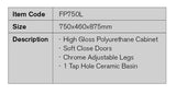 FP750L - 750x460x875mm High Gloss Polyurethane Vanity with Ceramic Basin – detail view
