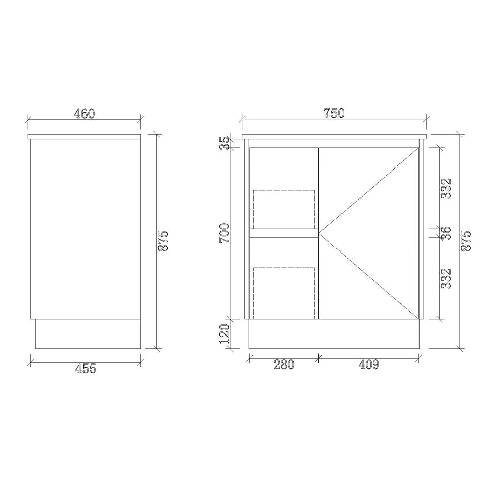 FP750L-KB - 750x460x880mm Kickboard MDF Vanity with Ceramic Basin – alternate view
