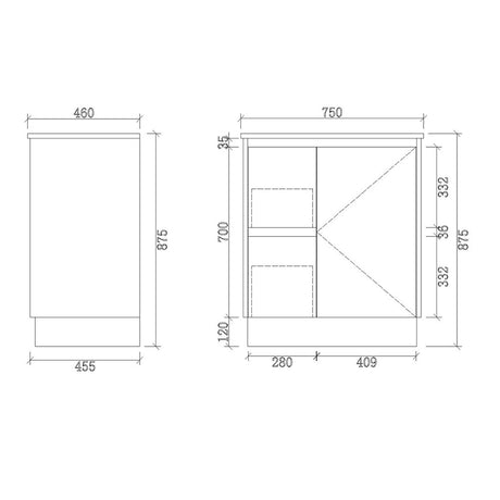 FP750L-KB - 750x460x880mm Kickboard MDF Vanity with Ceramic Basin – alternate view