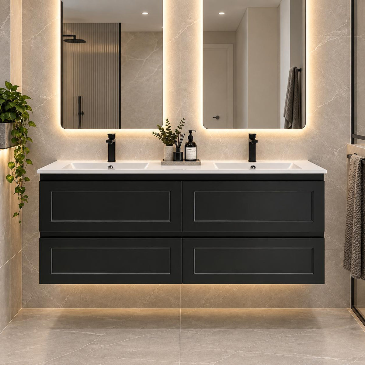 Fremantle 1200mm All Draw Wall Hung Vanity Matte Black Double Bowl - 1200x475x545