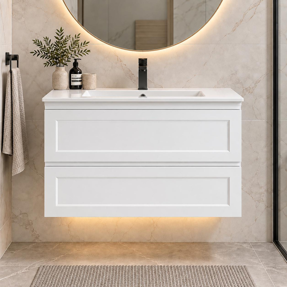 Fremantle 900mm All Draw Wall Hung Vanity Matte White - 900x475x545