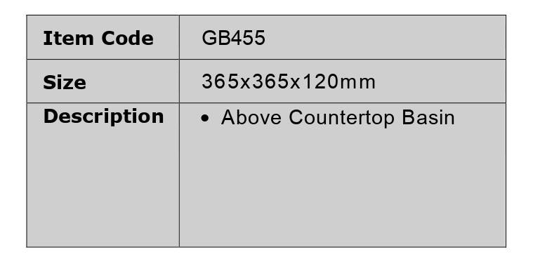 GB455 – 455x325x135mm Above Countertop Basin – detail view