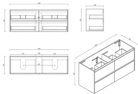 Hera 1500mm Vanity Wall Hung Double Bowl - 1500x450x560mm