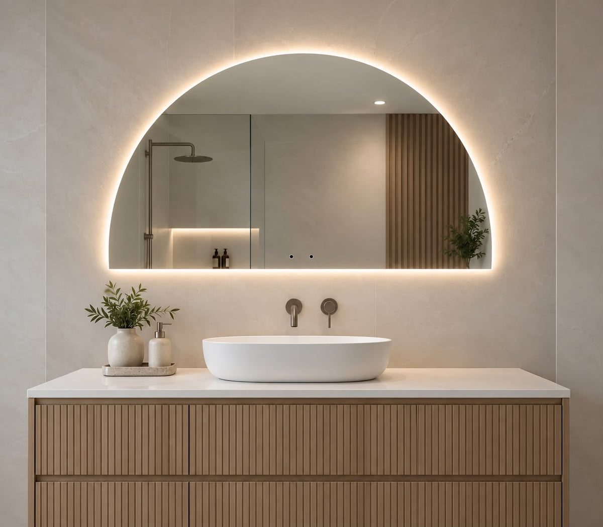 LED Half Moon Shaped Pencil Edge Mirror Backlit - 1200 x 800mm