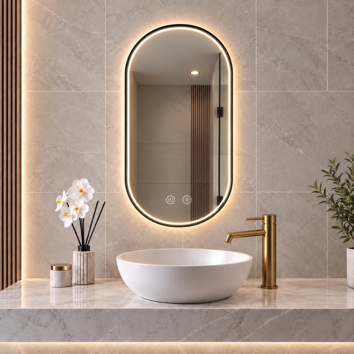 LED Pill Shaped Black Framed Mirror - 900 x 600mm