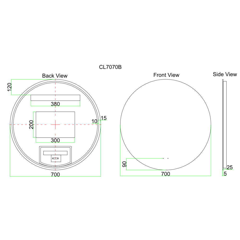 LED700 - 700x700x5mm Pencil Edge Copper Free Round LED Mirror – alternate view