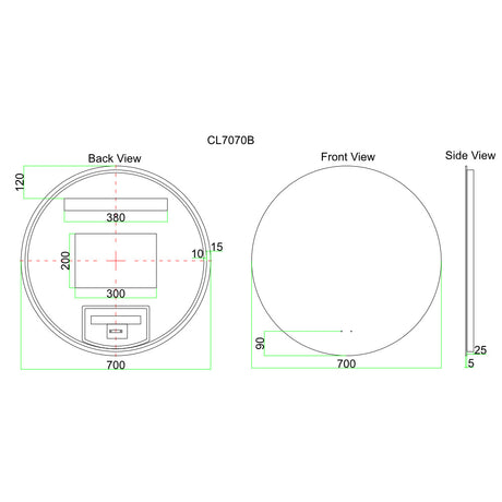 LED700 - 700x700x5mm Pencil Edge Copper Free Round LED Mirror – alternate view