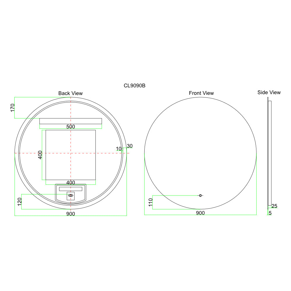 LED900 - 900x900x5mm Pencil Edge Copper Free Round LED Mirror – alternate view