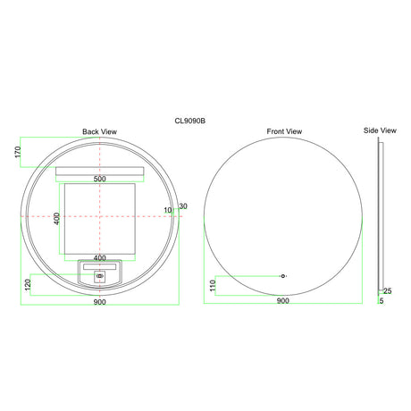 LED900 - 900x900x5mm Pencil Edge Copper Free Round LED Mirror – alternate view